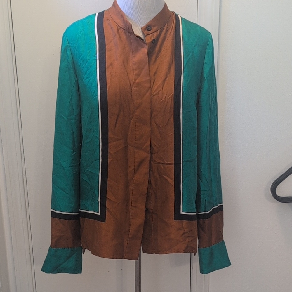 Diane Von Furstenberg Teal and Brown Colorblock Open Jacket